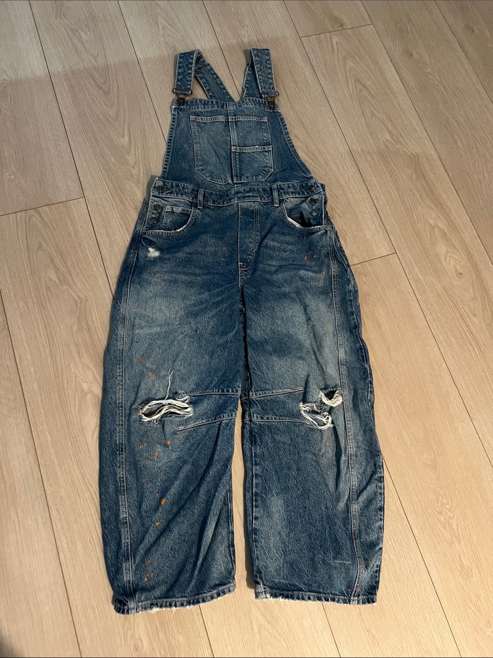 We The Free Distressed Indigo Denim Overalls